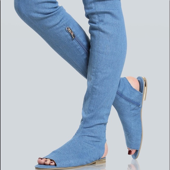 NWT BAMBOO blue denim thigh high open toe and heel 🙂 - Picture 2 of 5